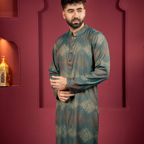Premium Dark Teal & Bronze Printed Wool Cotton Panjabi