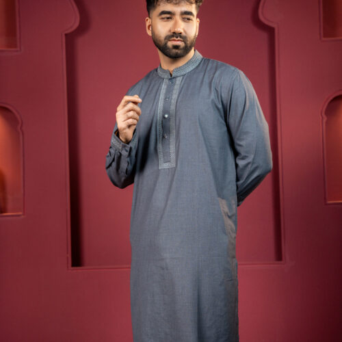 Premium Dark Slate Embroidered Wool Cotton Panjabi