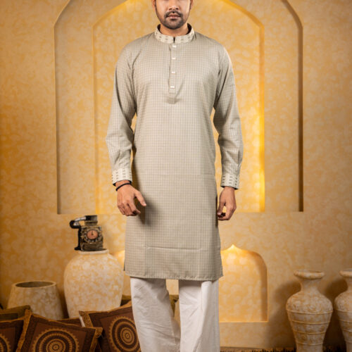 Premium Light Beige Micro-Check Wool Cotton Panjabi
