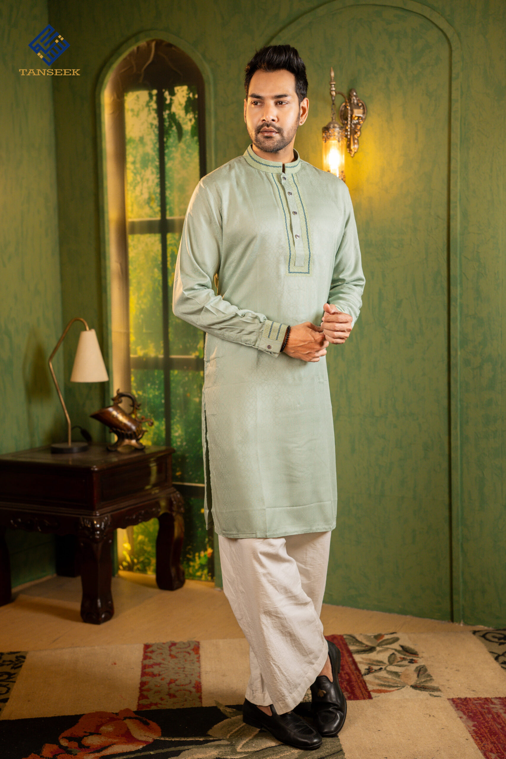 Premium Dark Teal Embroidered Wool Cotton Panjabi - Image 2