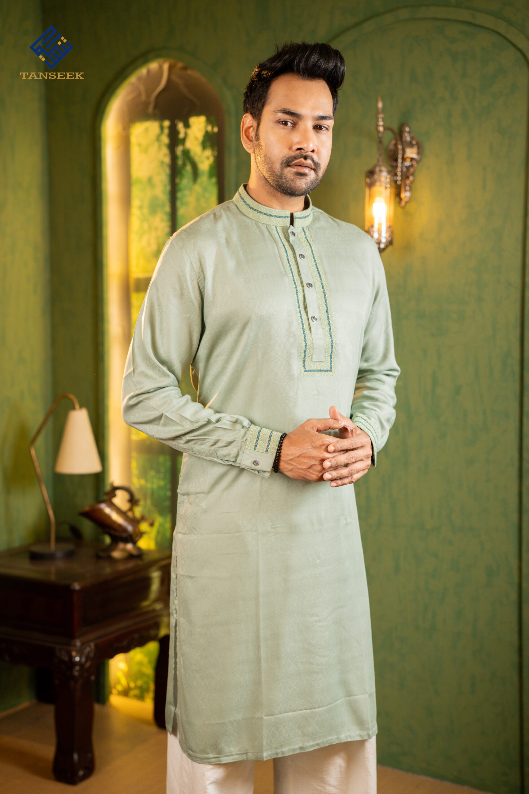 Premium Dark Teal Embroidered Wool Cotton Panjabi - Image 3