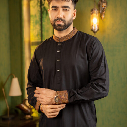 Premium Black Embroidered Wool Cotton Panjabi