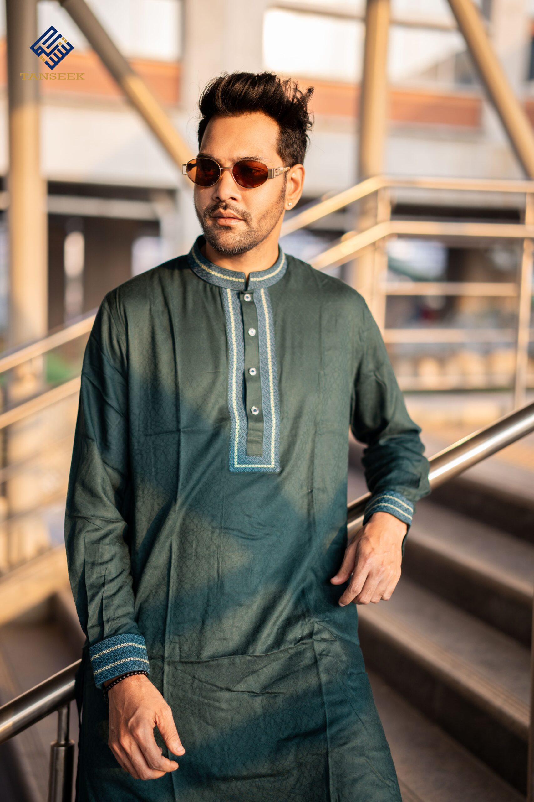 Premium Dark Teal Embroidered Wool Cotton Panjabi - Image 9