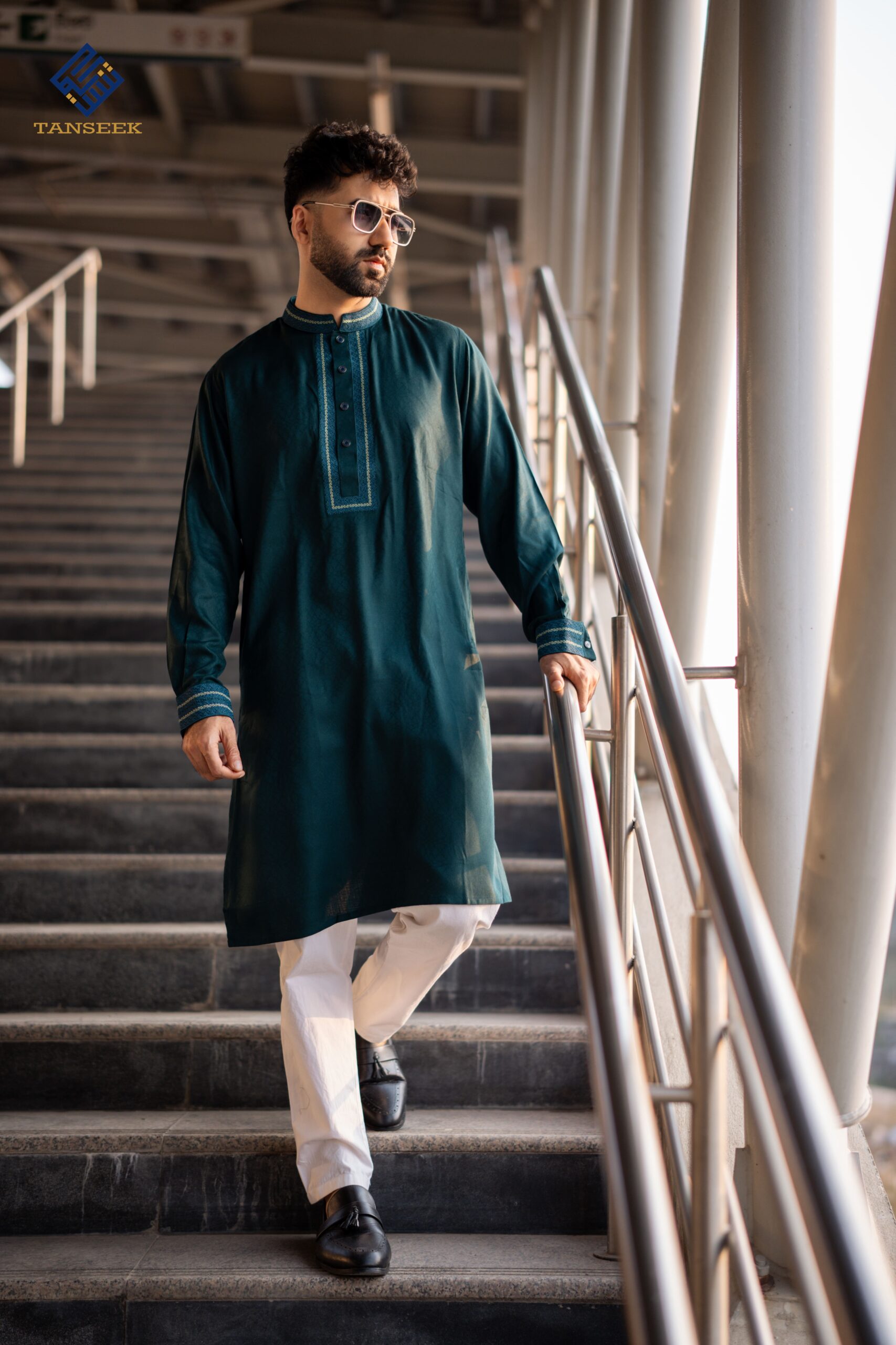 Premium Dark Teal Embroidered Wool Cotton Panjabi - Image 6