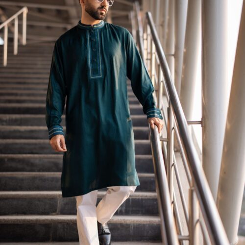 Premium Dark Teal Embroidered Wool Cotton Panjabi
